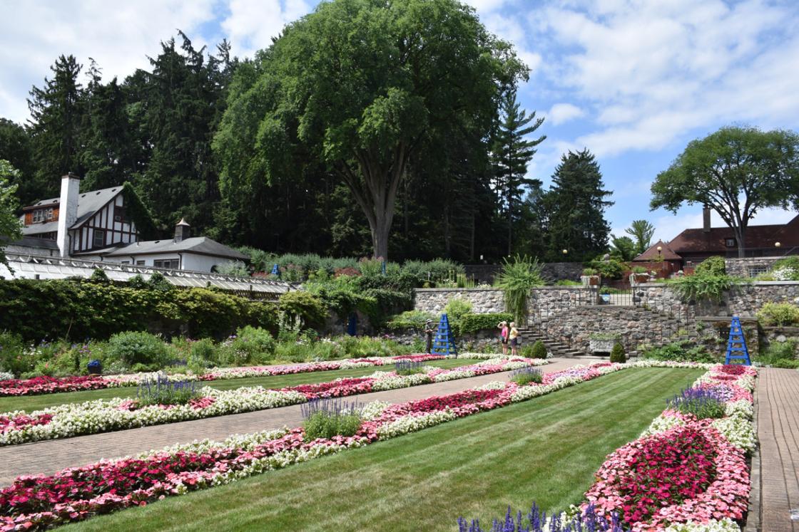 Photograph of visitors in the Sunken Garden at Cranbrook House & Gardens, July 2020.